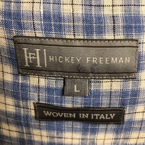 hickey freeman shirt blue check linen size large - Picture 7 of 8